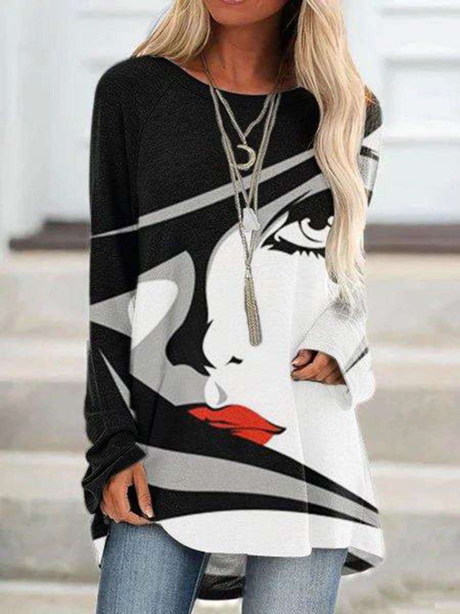 Women's Vintage Abstract Face Print Long Sleeve Tops