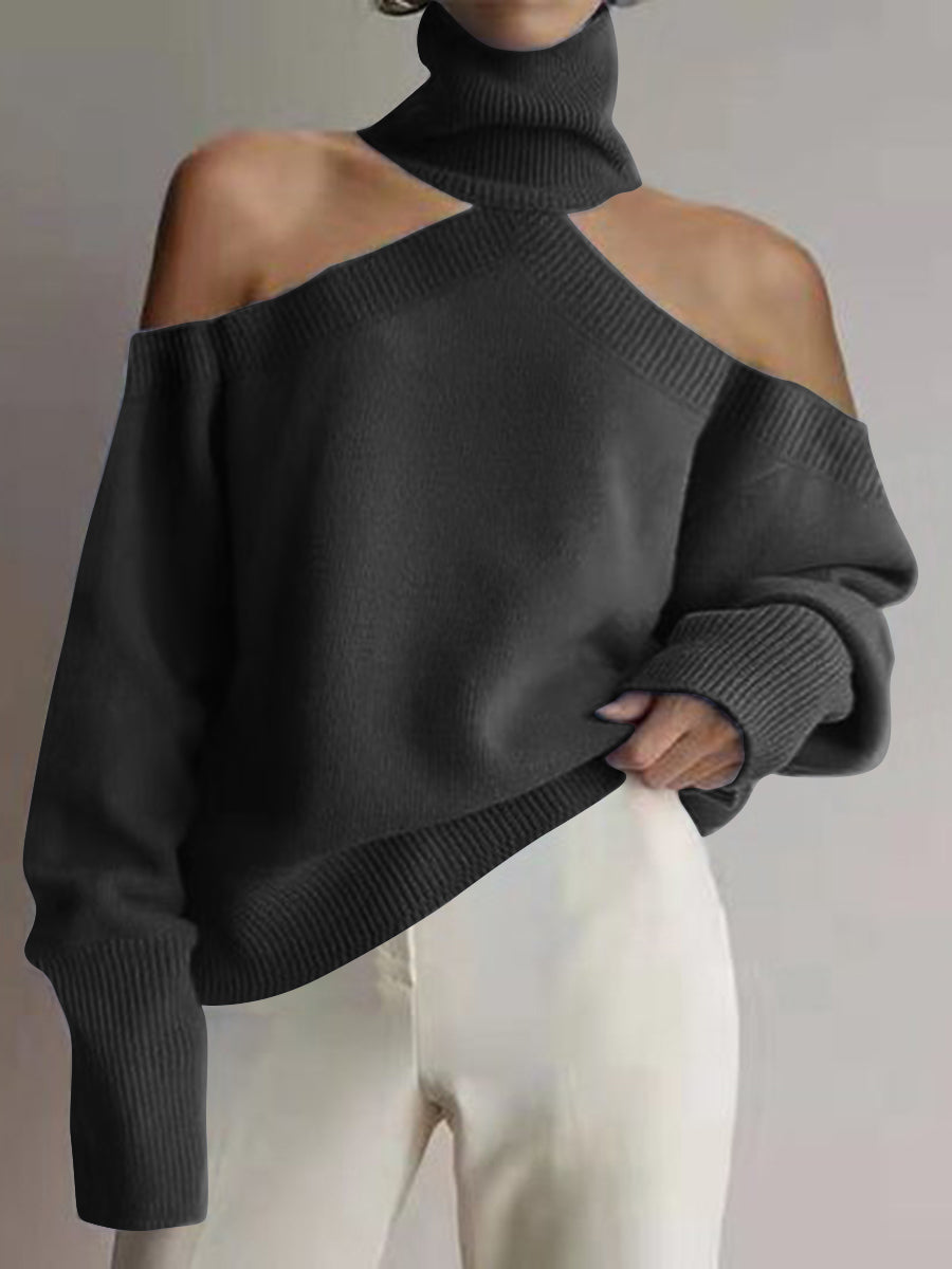 Fashion High Neck Casual Long Sleeve Off-shoulder Sweater