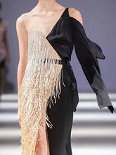 Load image into Gallery viewer, Fashion One-shoulder Fringe Stitching Dress
