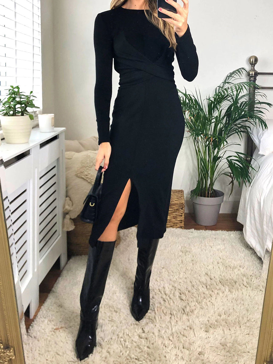 Knitted Long Sleeve Wrap Midi Dress