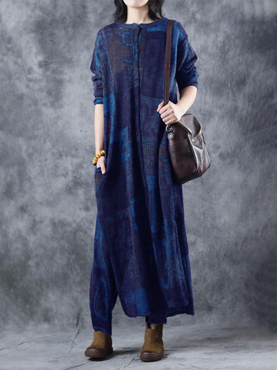 Retro Printed Loose Women'S Sweater Long Skirt Coat