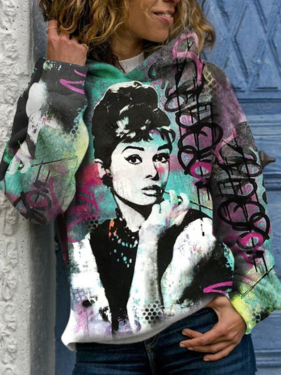 Fashion Portrait Tie-dye Pattern Printing Ladies Round Neck Sweater