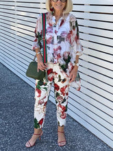 Load image into Gallery viewer, Retro Elegant Long Sleeved Shirt Top Pants Floral Suit
