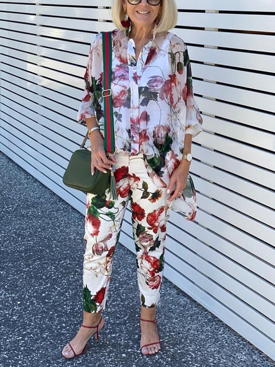 Retro Elegant Long Sleeved Shirt Top Pants Floral Suit
