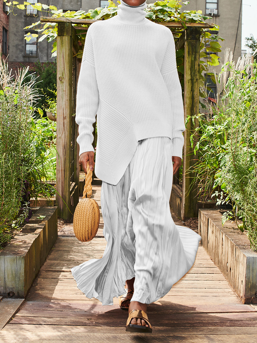 Turtleneck Pullover Two-piece Irregular Solid Color Skirt