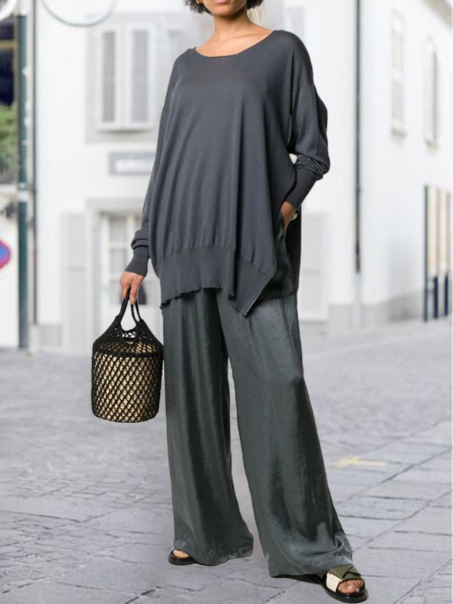 Casual Round Neck Split Solid Color Ladies Two-piece Suit