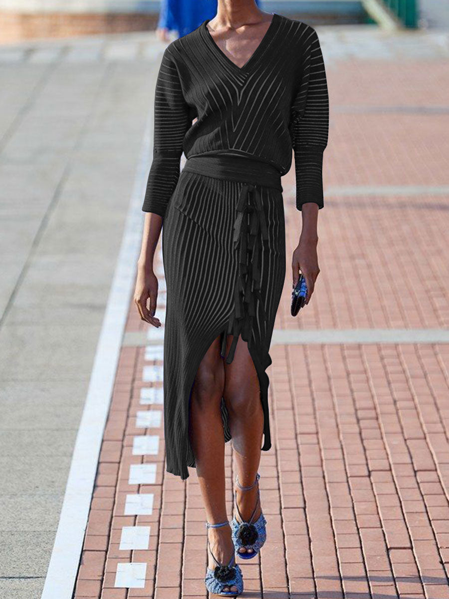 Fashion Casual V-neck Long Sleeve Striped Two-piece Suit