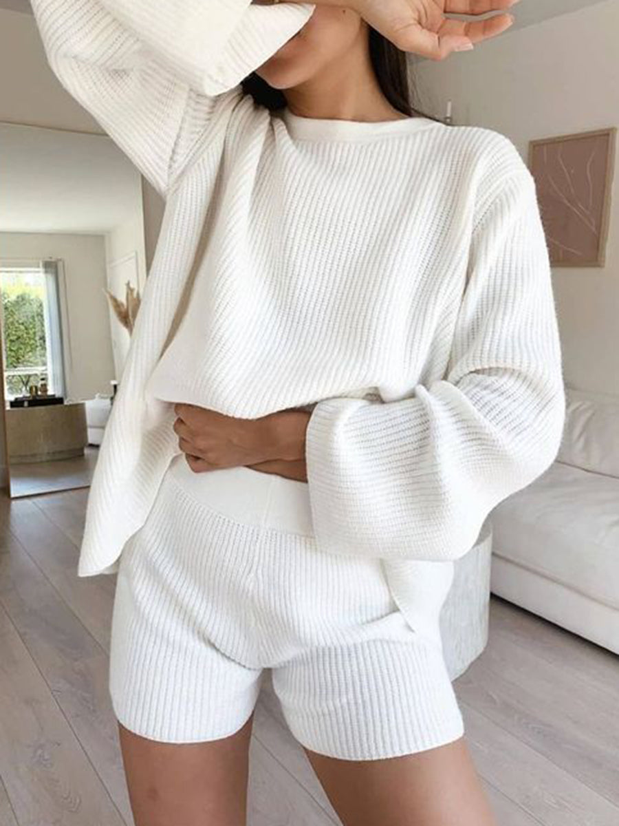 Round Neck Solid Color Long-sleeved Knitted Suit