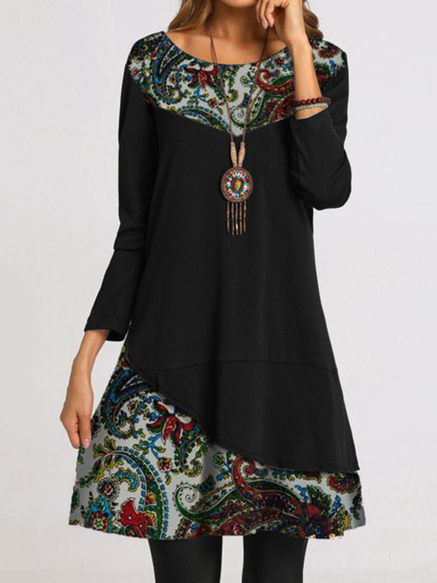 Retro Casual Loose Round Neck Floral Long Sleeve Dress