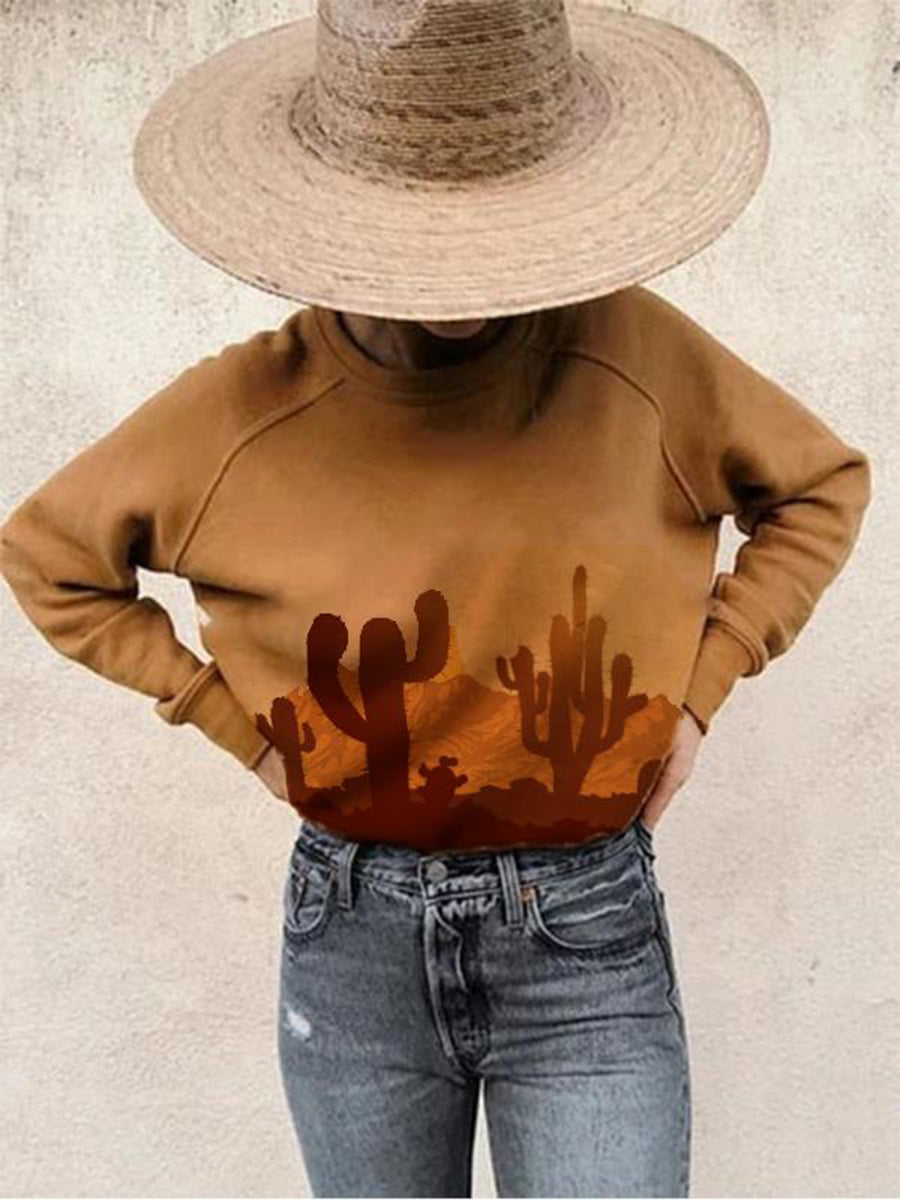 Western Desert Cactus Print Casual Long Sleeve Pullover