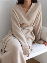 Load image into Gallery viewer, Elegant V-Neck Long Sleeve Coat Skirt Knit Set
