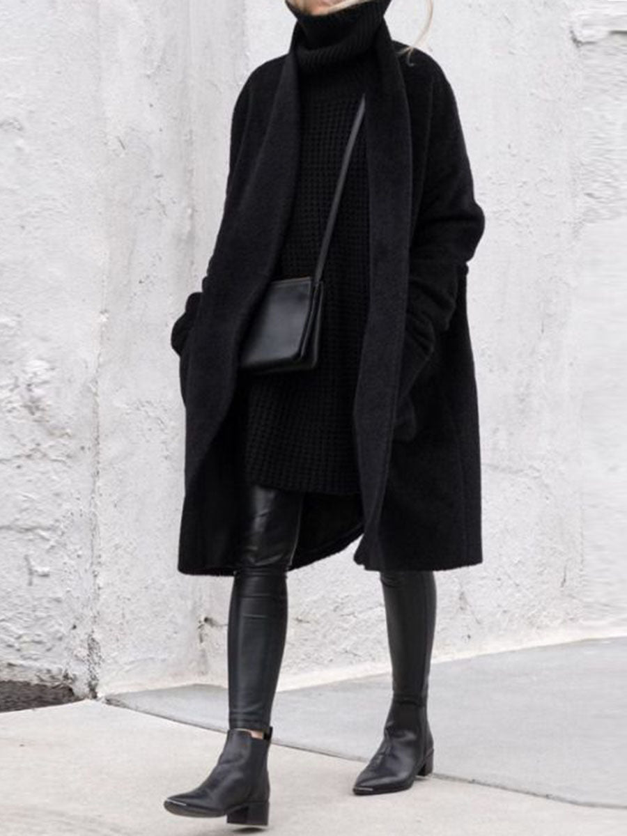Fashion Solid Color Long-sleeved Cardigan Woolen Coat