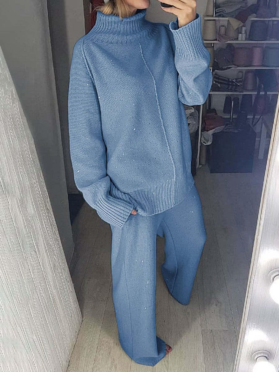 Simple Casual Loose High Neck Long Sleeved Top Pants Knitted Suit