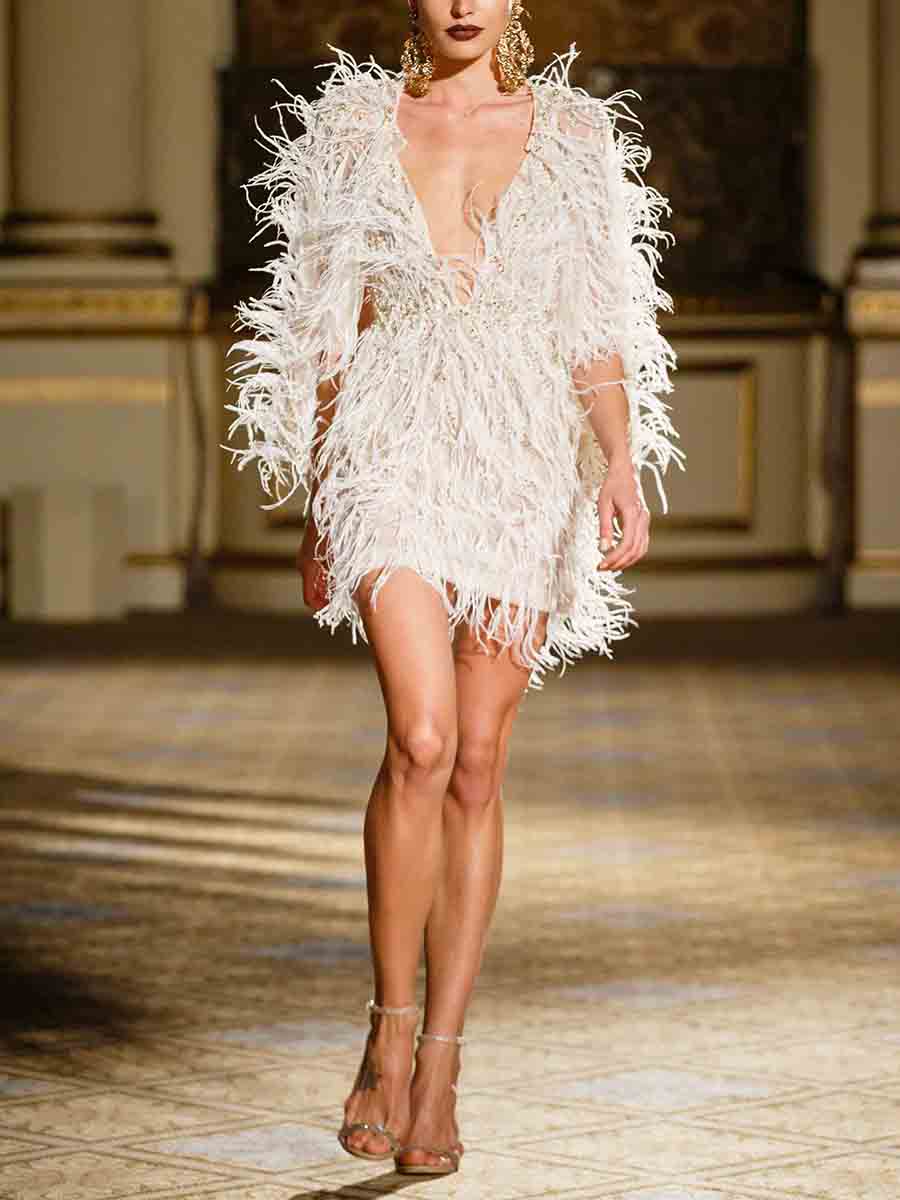 Sexy V-neck Feather Mini Dress
