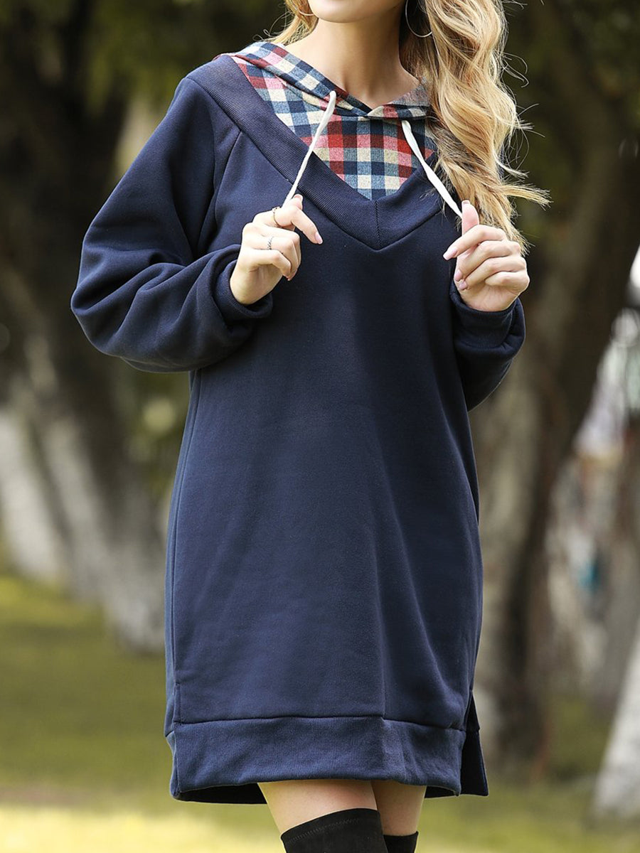 Loose Check Collar Hooded Drawstring Dress