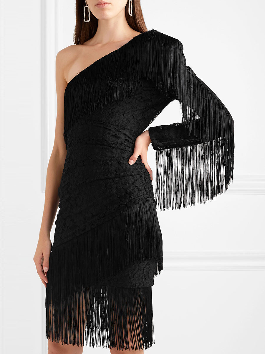 Fashion Sexy One-shoulder Fringed Dress