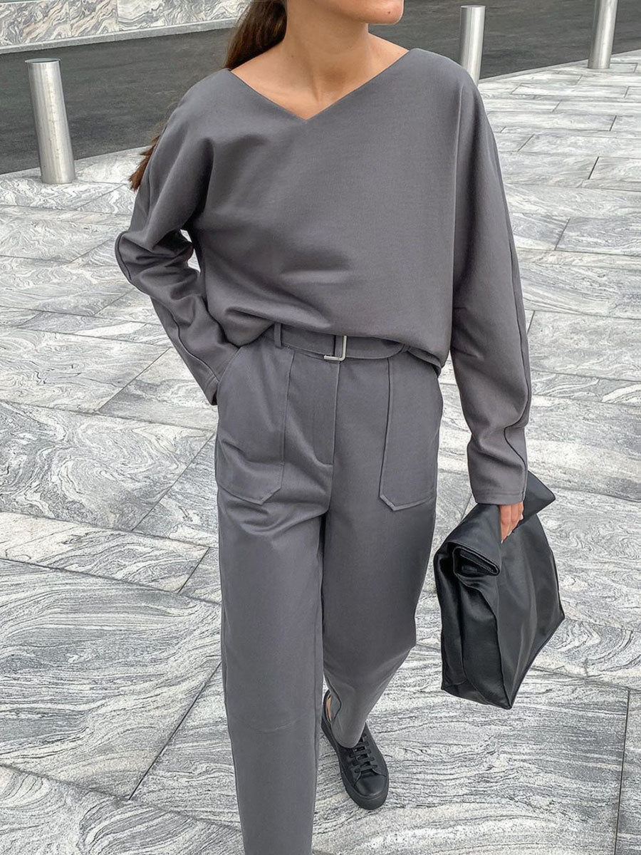 Fashion Long Sleeve V-neck Casual Two-piece Suit