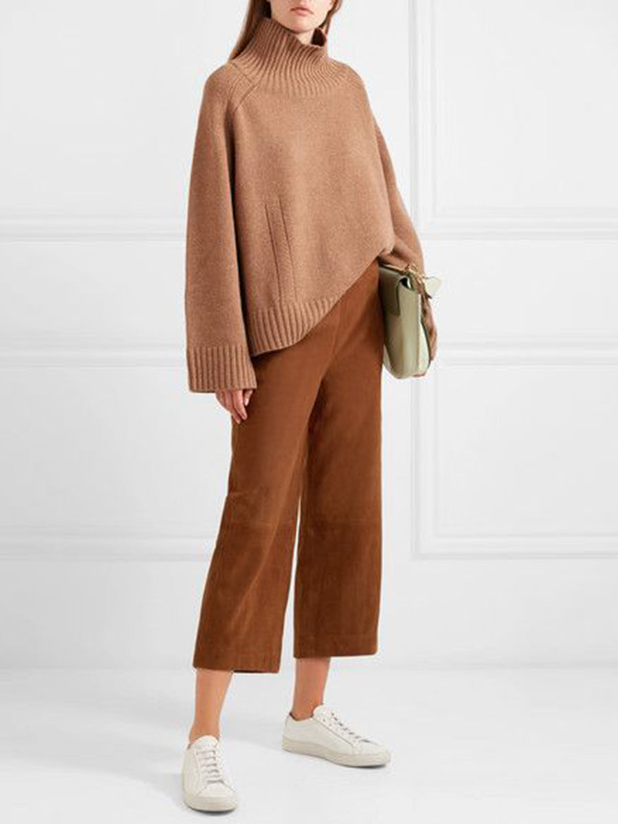 Pure Color Fashion Casual High Neck Knitted Two-Piece Suit