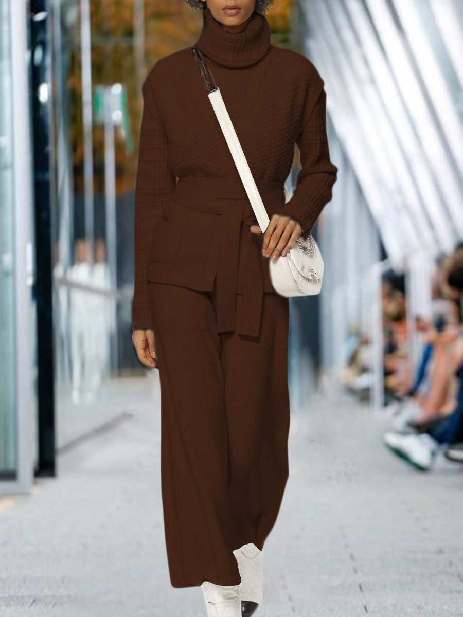 Autumn and Winter High Neck Knitted Solid Color Casual Two-piece Suit