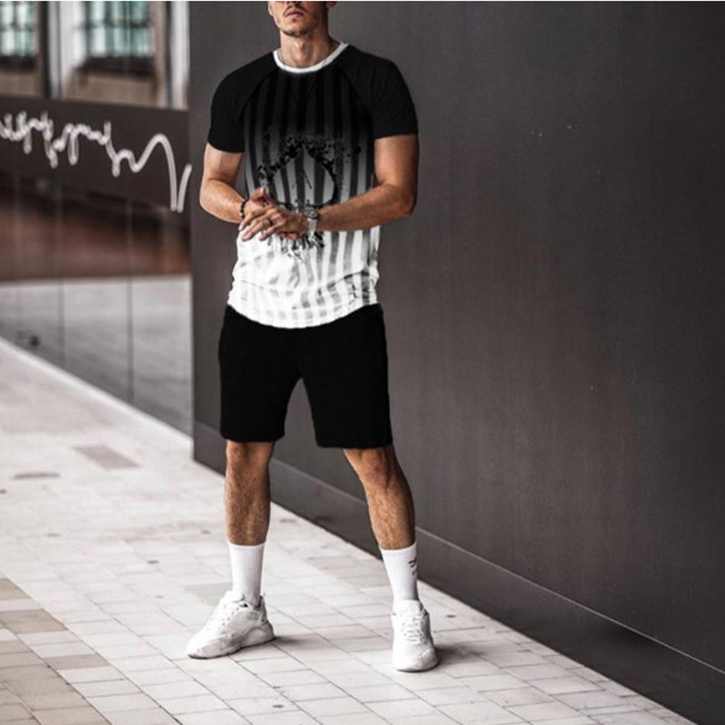 Fashion Black Gradient Striped Short Sleeve Shorts Men Suit