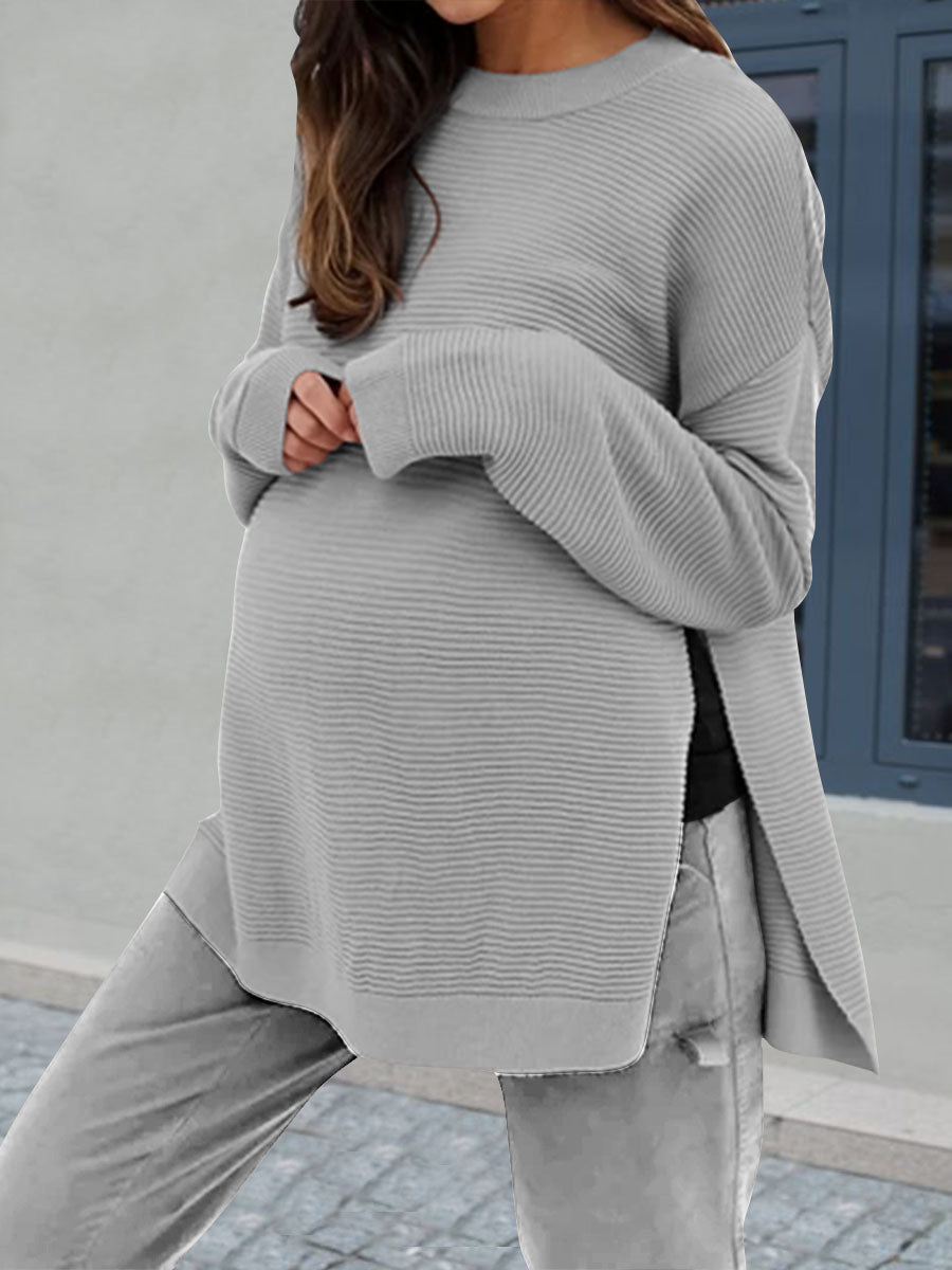 Two-piece Casual Knitted Maternity Set with Side Slits