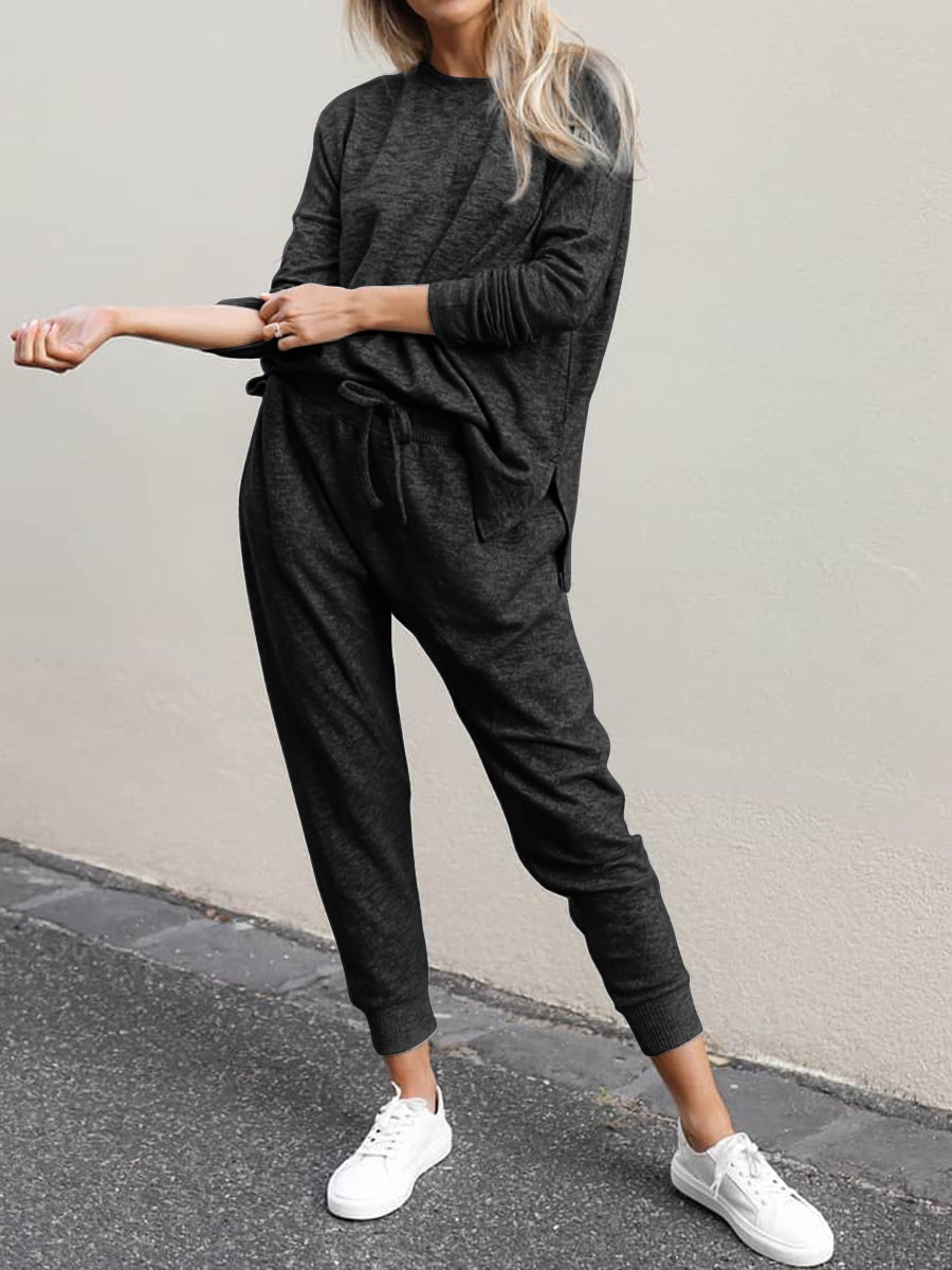 Fashion Casual Loose Solid Color Long Sleeve Round Neck Two-piece Suit