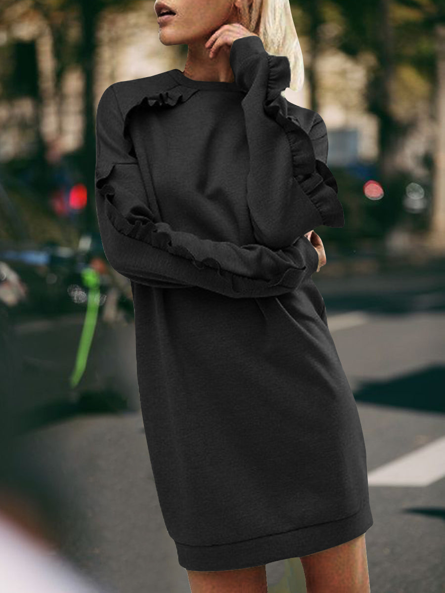 Solid Color Ruffled Round Neck Long Sleeve Sweater Dress