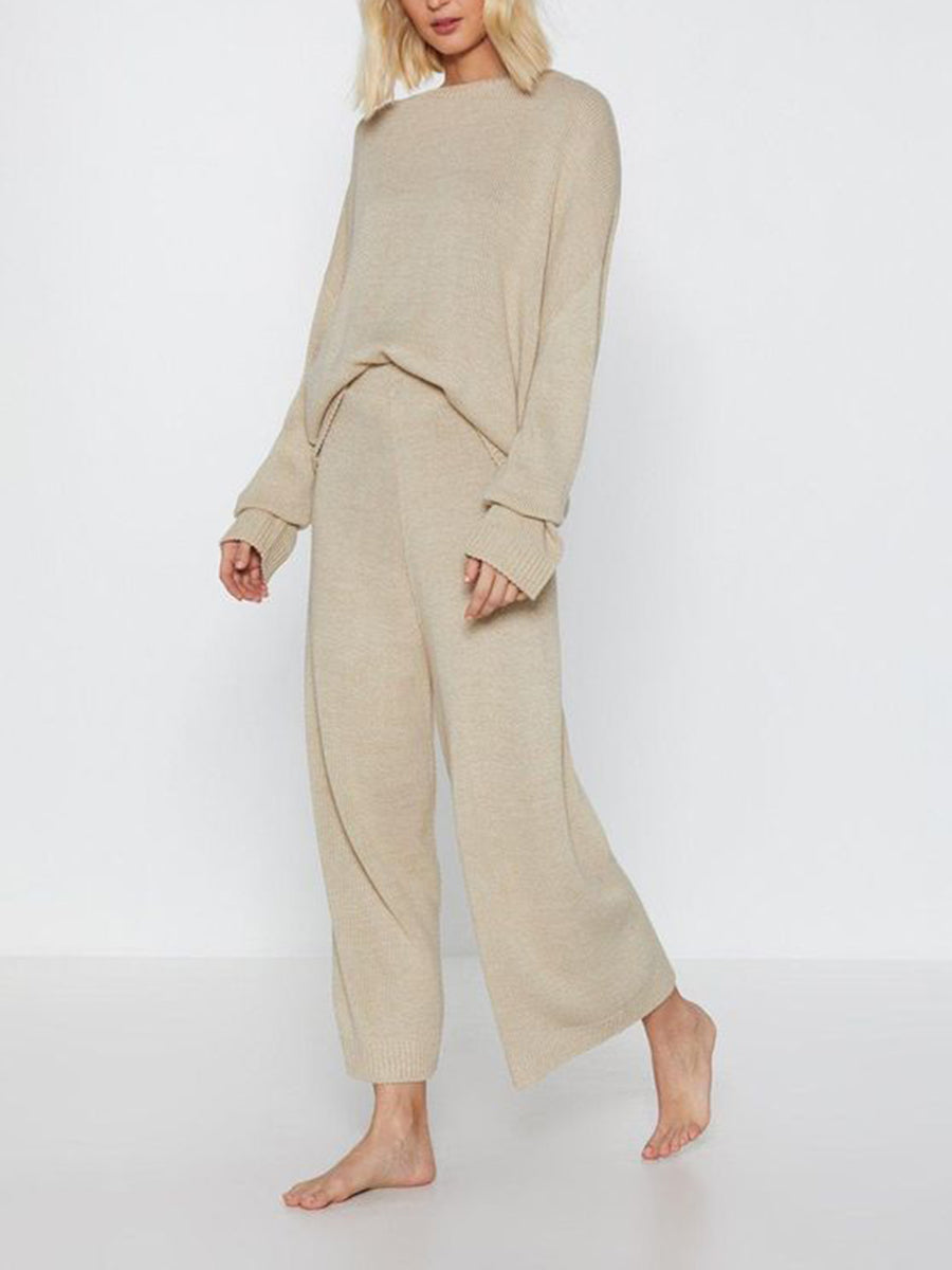 Women'S Solid Color Casual Round Neck Long Sleeve Two-Piece Suit