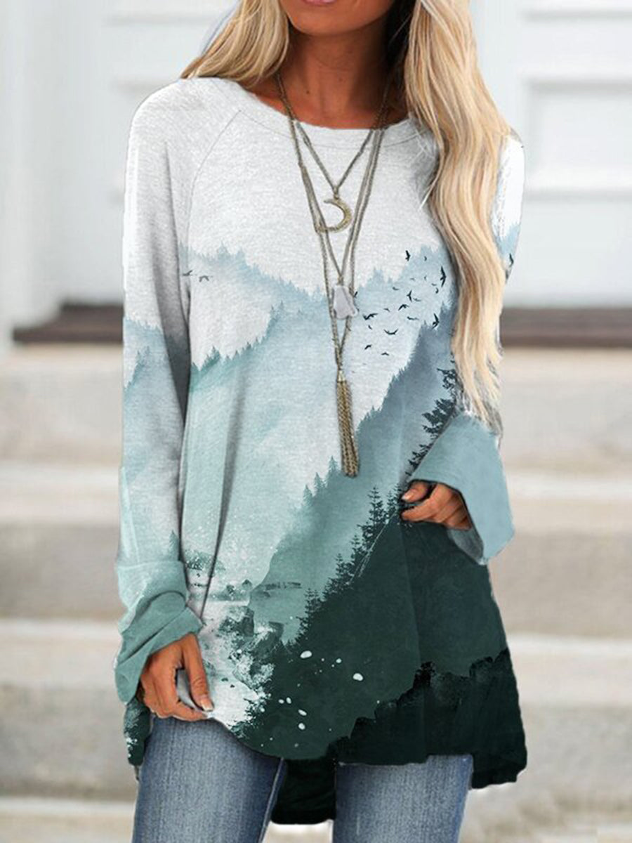 Ink Painting Print Round Neck Long Sleeve Hoodies
