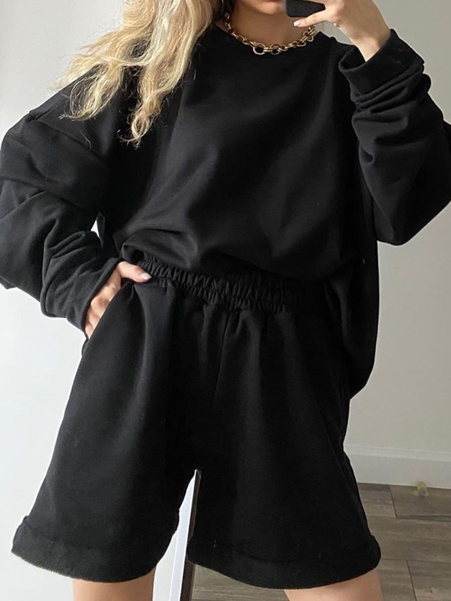 Fashion Casual Long-sleeved Tie-up Solid Color Round Neck Two-piece Suit