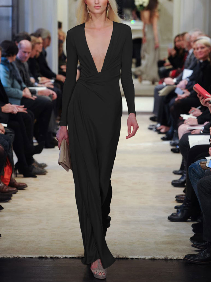Fashion V-neck Long-sleeved Evening Maxi Dress