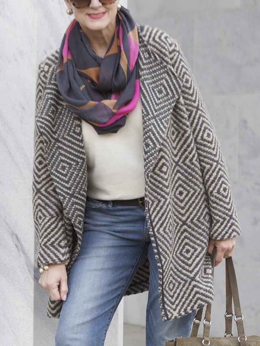 Fashionable Checkered Printing Women's Woolen Old Coat
