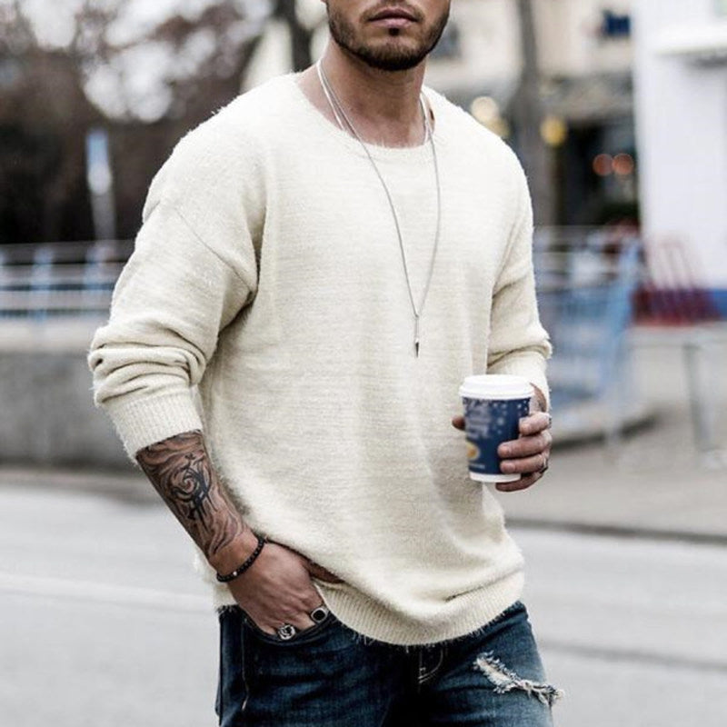 Men'S Fashion Solid Color Round Neck Sweater