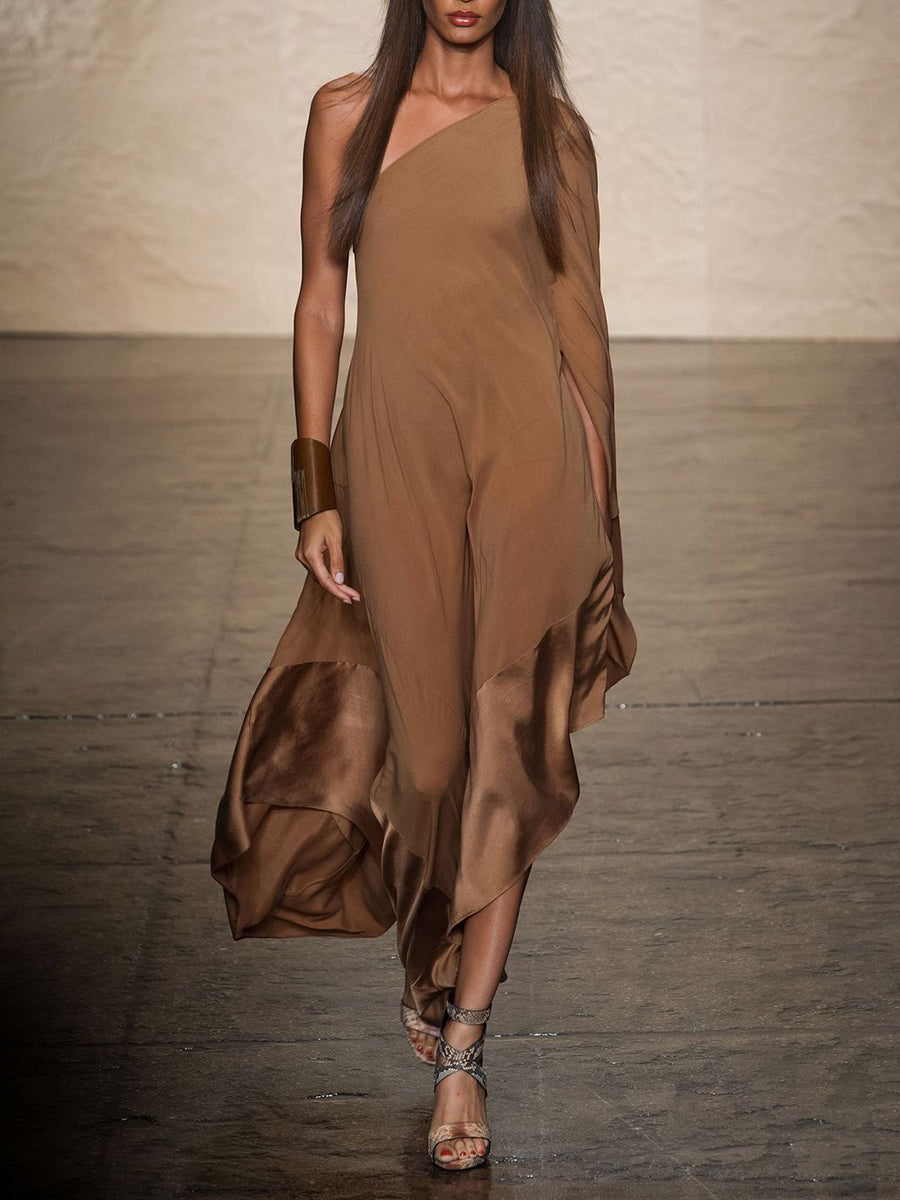 Fashion One-shoulder Solid Color Evening Dress