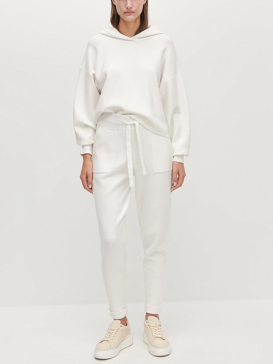 Casual Simple Loose V Neck Long Sleeve Hooded Top Pants Knitted Suit