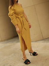 Load image into Gallery viewer, Sexy One-shoulder Long-sleeved Split Knit Sweater Dress
