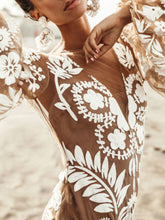Load image into Gallery viewer, Deep V Mesh Embroidered Puff Sleeve Halter Wedding Dress
