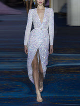 Load image into Gallery viewer, Sexy V-neck Long Sleeve Sequin Evening Dress
