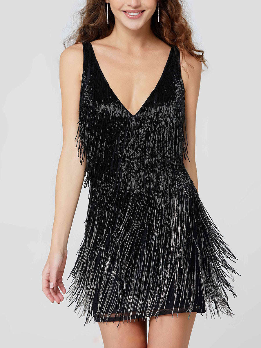 Fashion Sleeveless V-Neck Gradient Fringe Party Dress