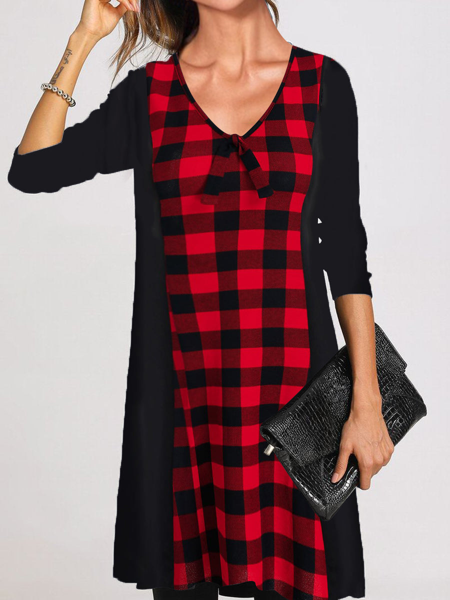 Retro Casual Loose V Neck Long Sleeved Plaid Dress