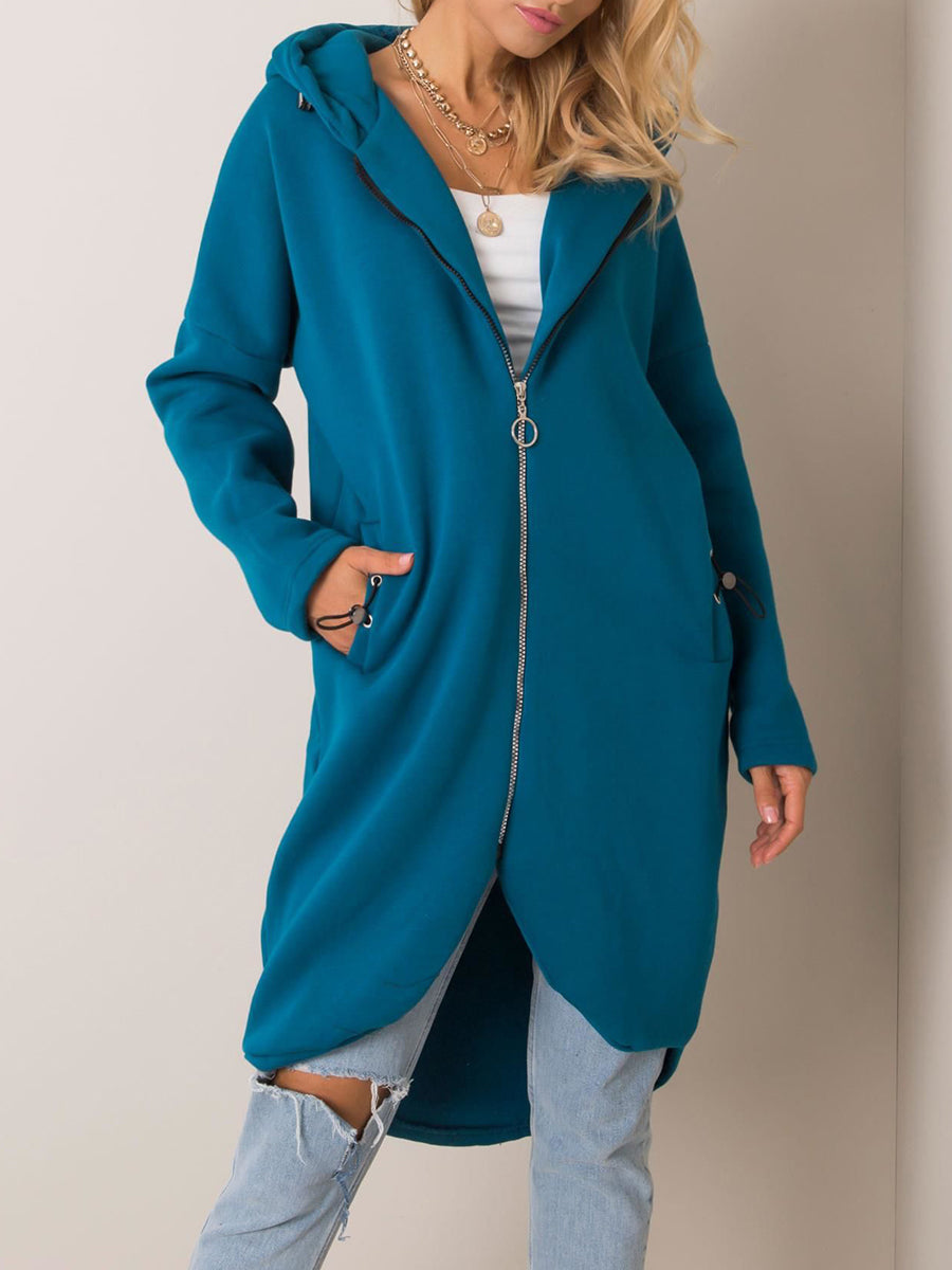 Pure Color Zipper Casual Loose Hooded Sweatshirt