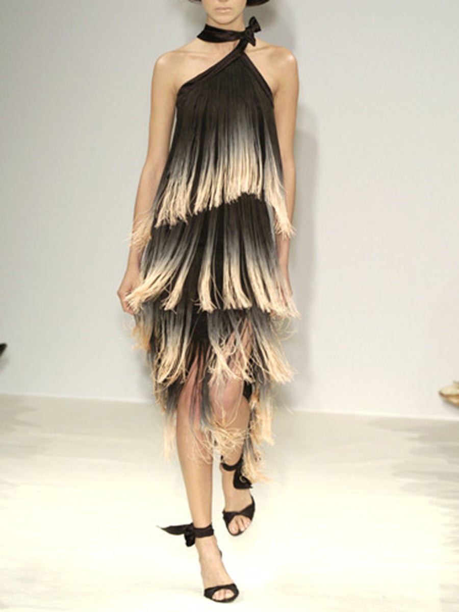 Fashion Sexy Sleeveless Backless Fringed Midi Dress