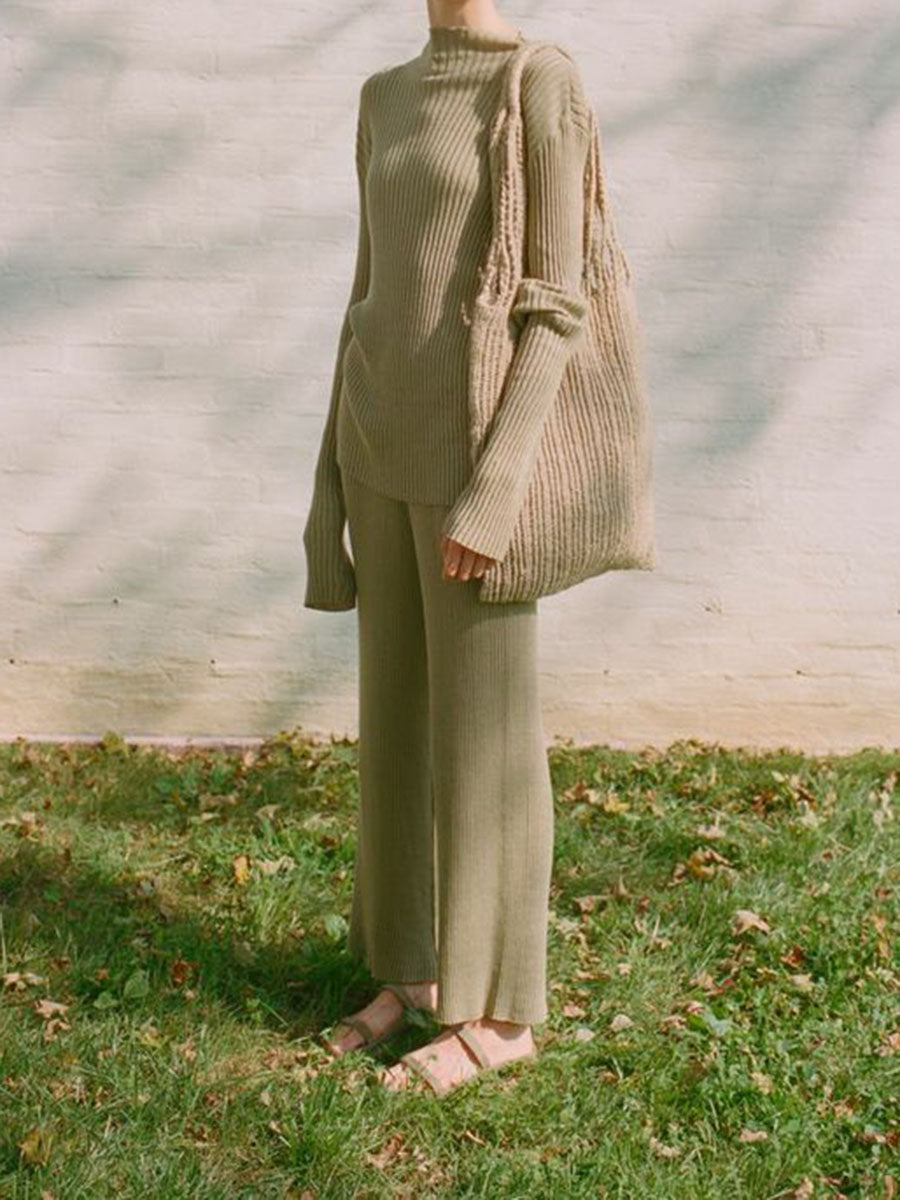 Pure Color Casual Long-Sleeved Knitted Sweater Suit