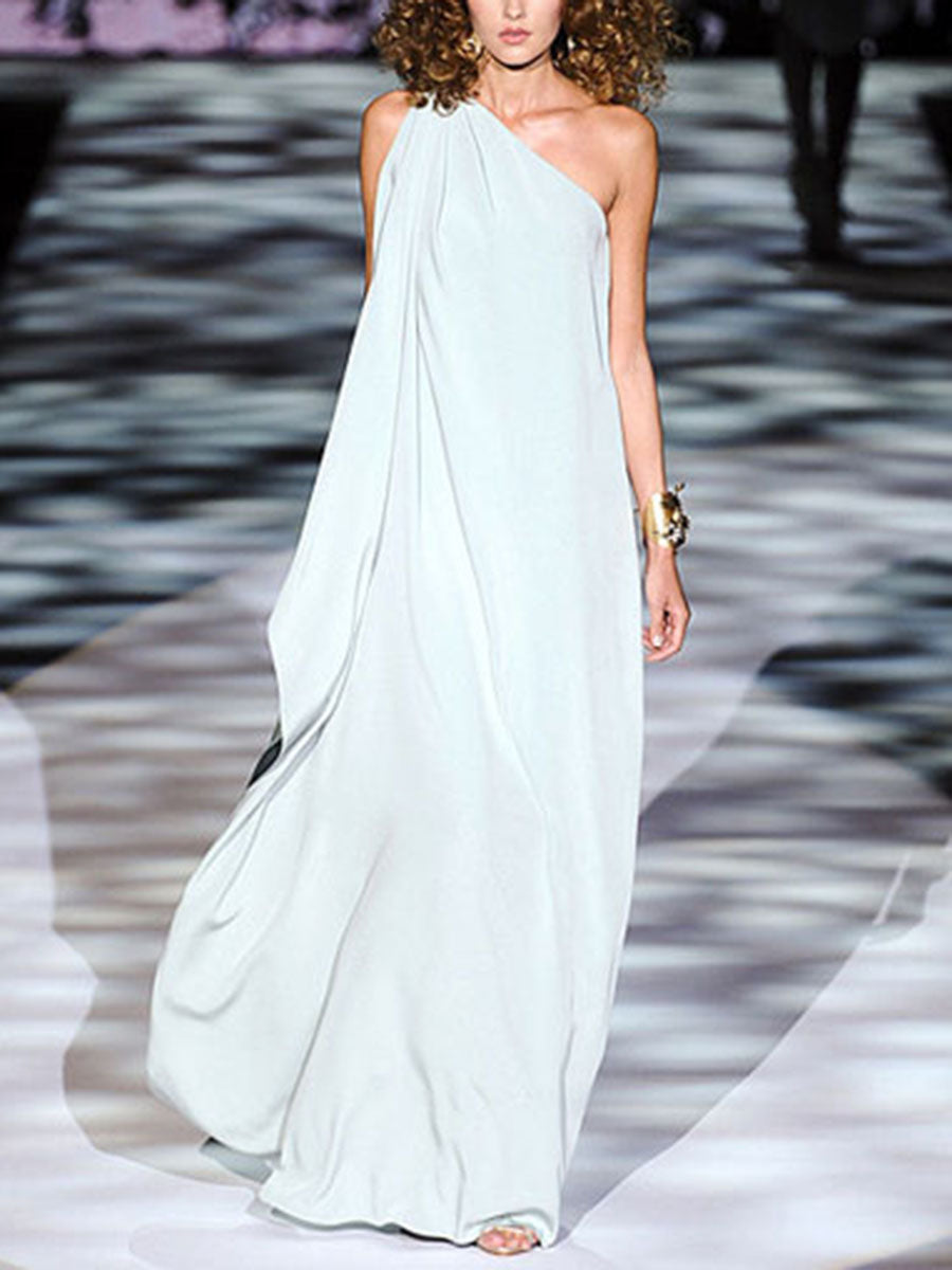 Fashion One-shoulder Solid Color Maxi Dress