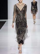 Load image into Gallery viewer, Fringed V-neck Lace Stitching Evening Dress
