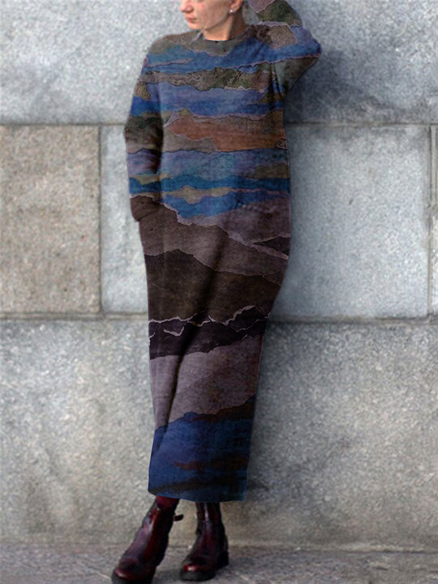 Retro Long-sleeved Color Gradient Casual Dress with Pockets