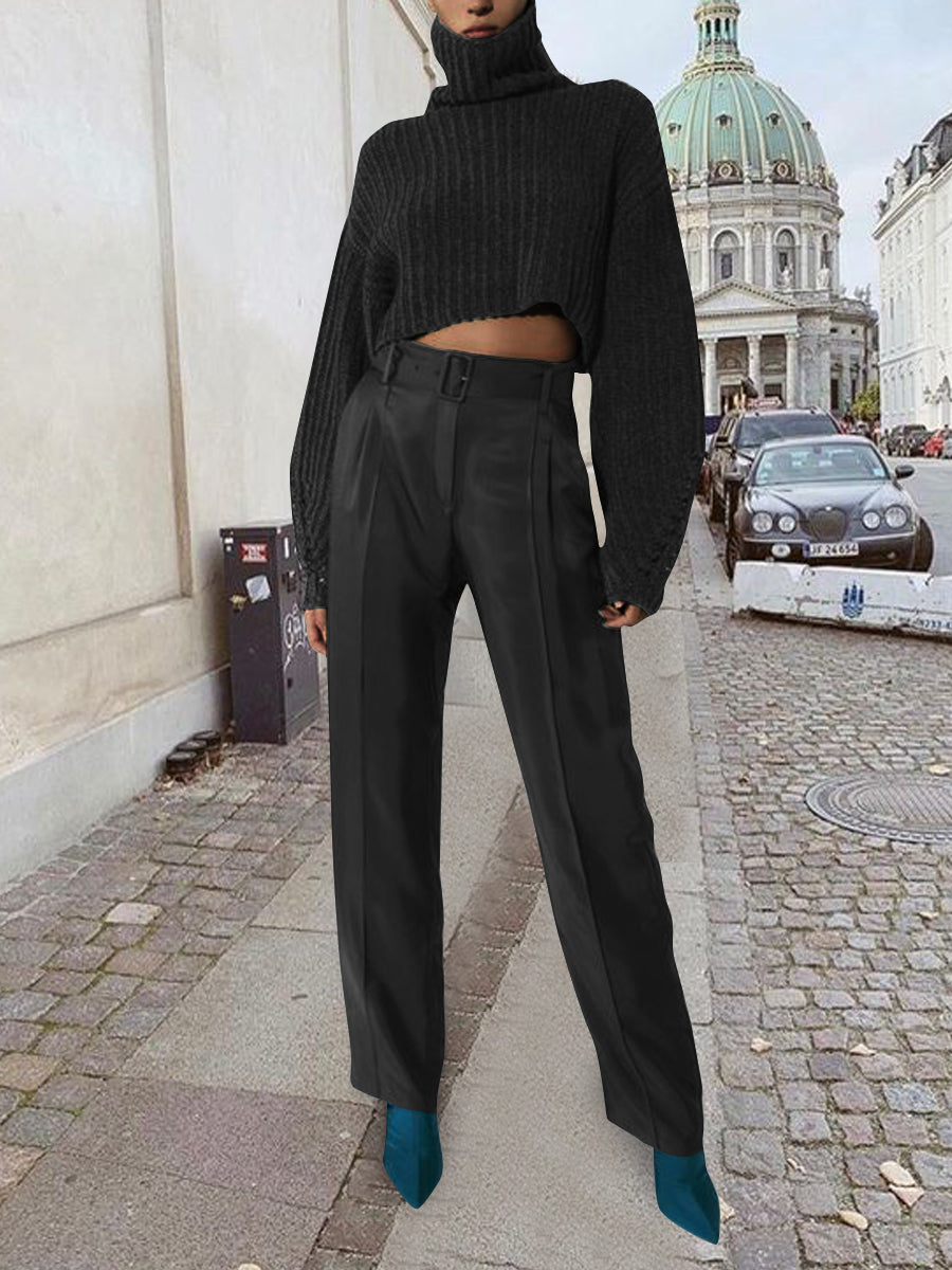 High Neck Pullover Solid Color Casual Women Hit Two-piece Suit