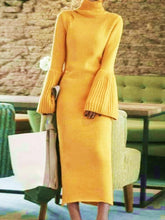 Load image into Gallery viewer, Women&#39;s High Neck Flared Sleeve Knit Solid Color Long Dress
