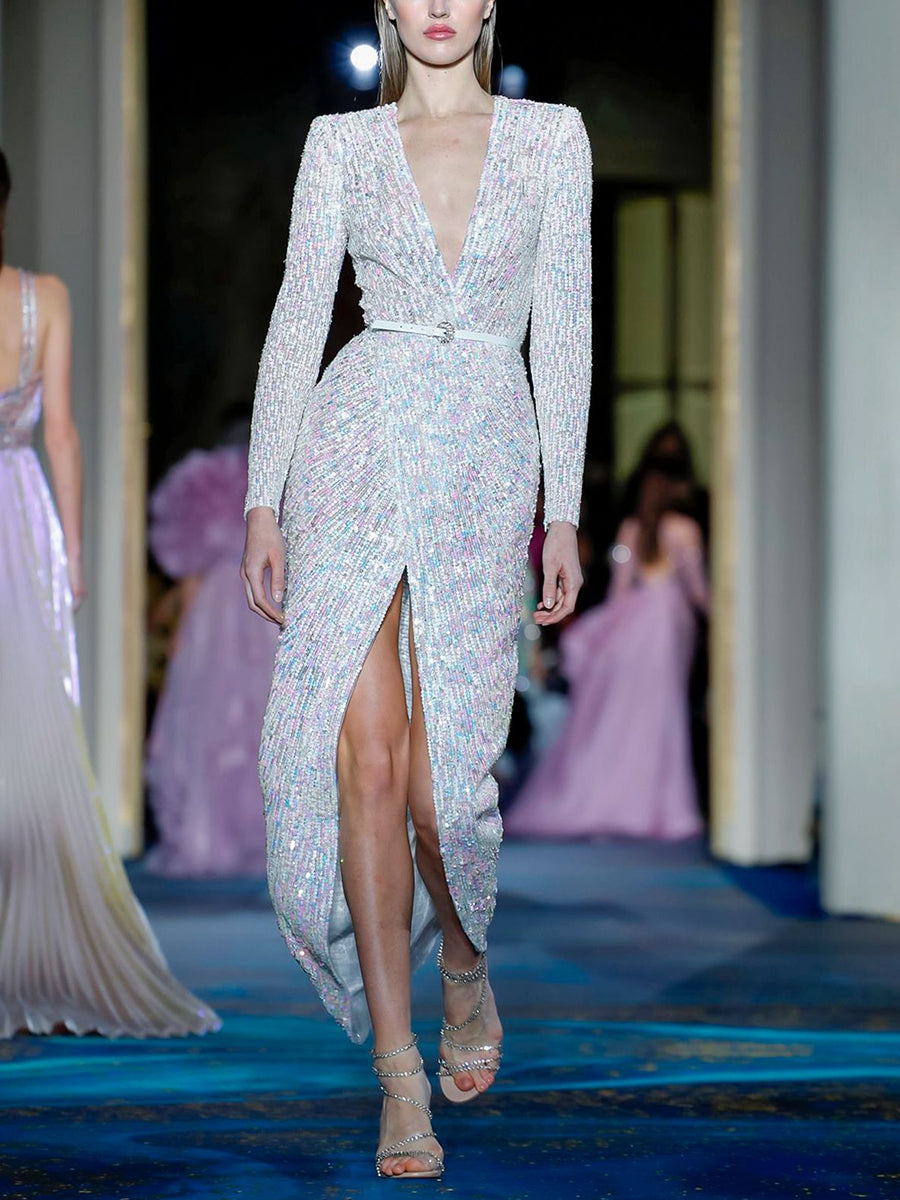 Sexy V-neck Long Sleeve Sequin Evening Dress