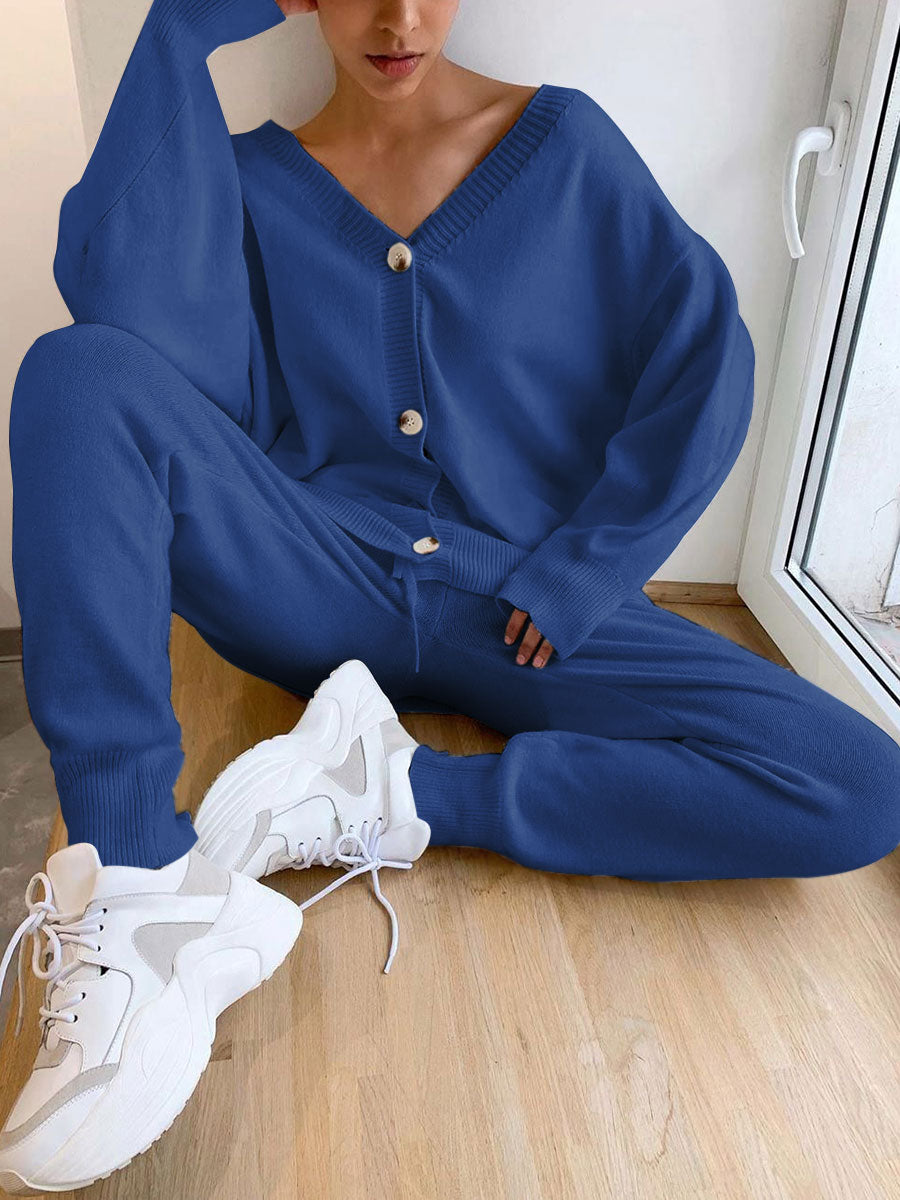 V-neck Casual Loose Long-sleeved Knitted Women's Suit